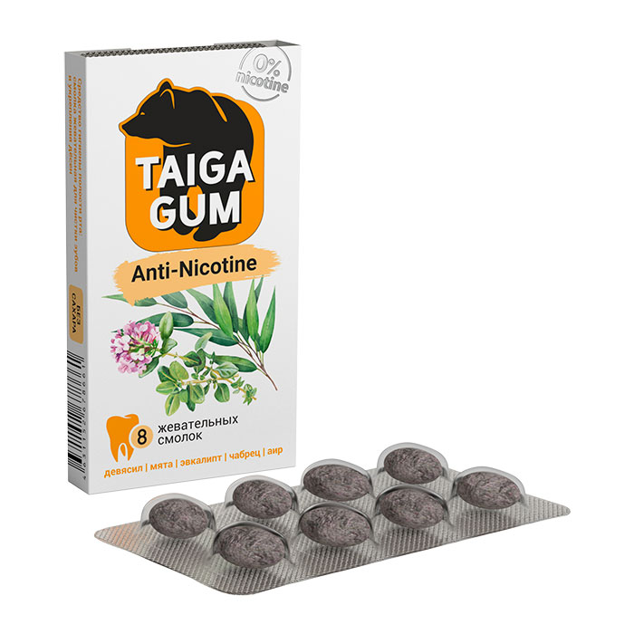 СМОЛКА ЖЕВАТЕЛЬНАЯ TAIGA GUM ДЛЯ ЧИСТКИ ЗУБОВ И УКРЕПЛЕНИЯ ДЕСЕН ANTI-NICOTINE №8