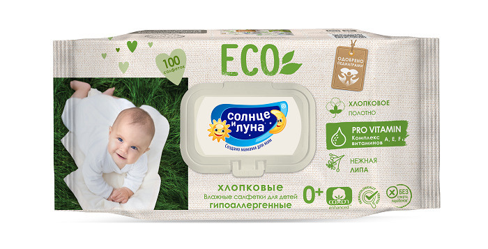 СОЛНЦЕ И ЛУНА ECO САЛФЕТКИ ВЛАЖНЫЕ ДЕТСКИЕ С ЭКТРАКТОМ ЛИПЫ №100 С КРЫШКОЙ