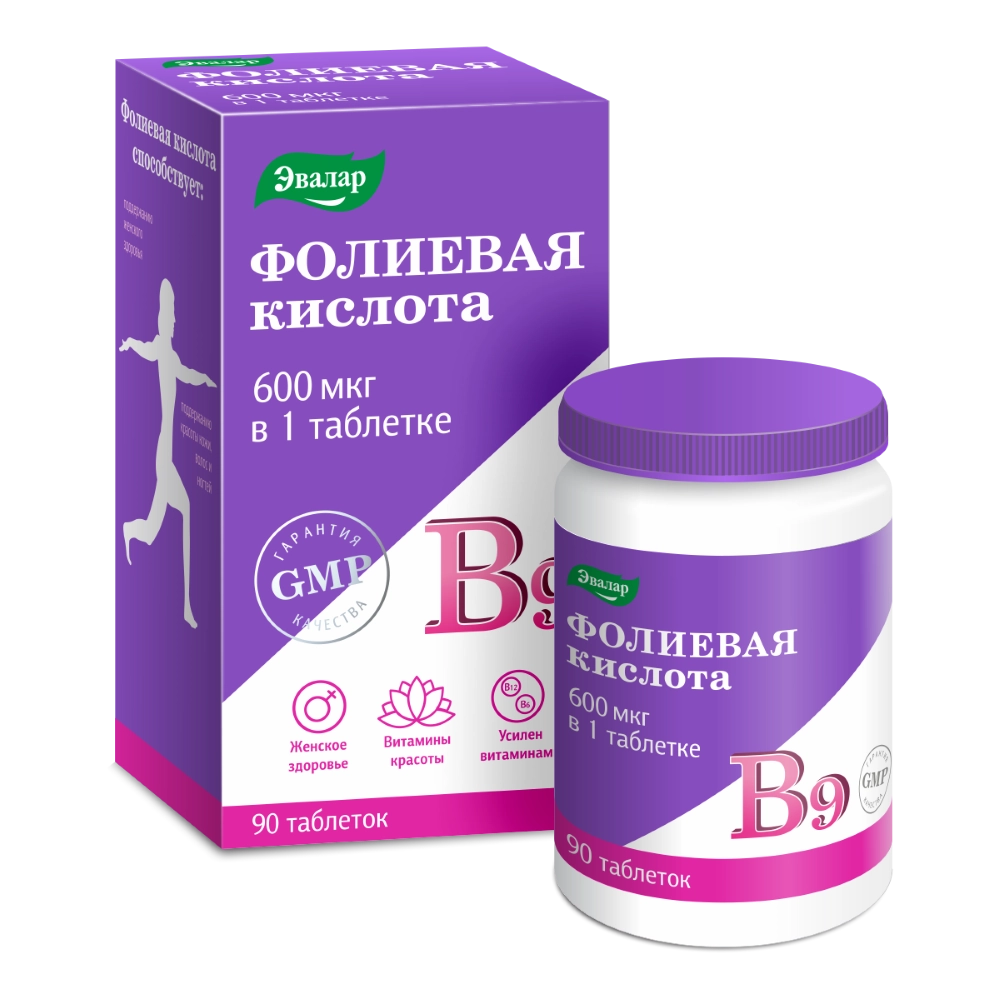 ФОЛИЕВАЯ КИСЛОТА С ВИТАМИНАМИ В12 И В6 ТАБЛ. №90 ЭВАЛАР